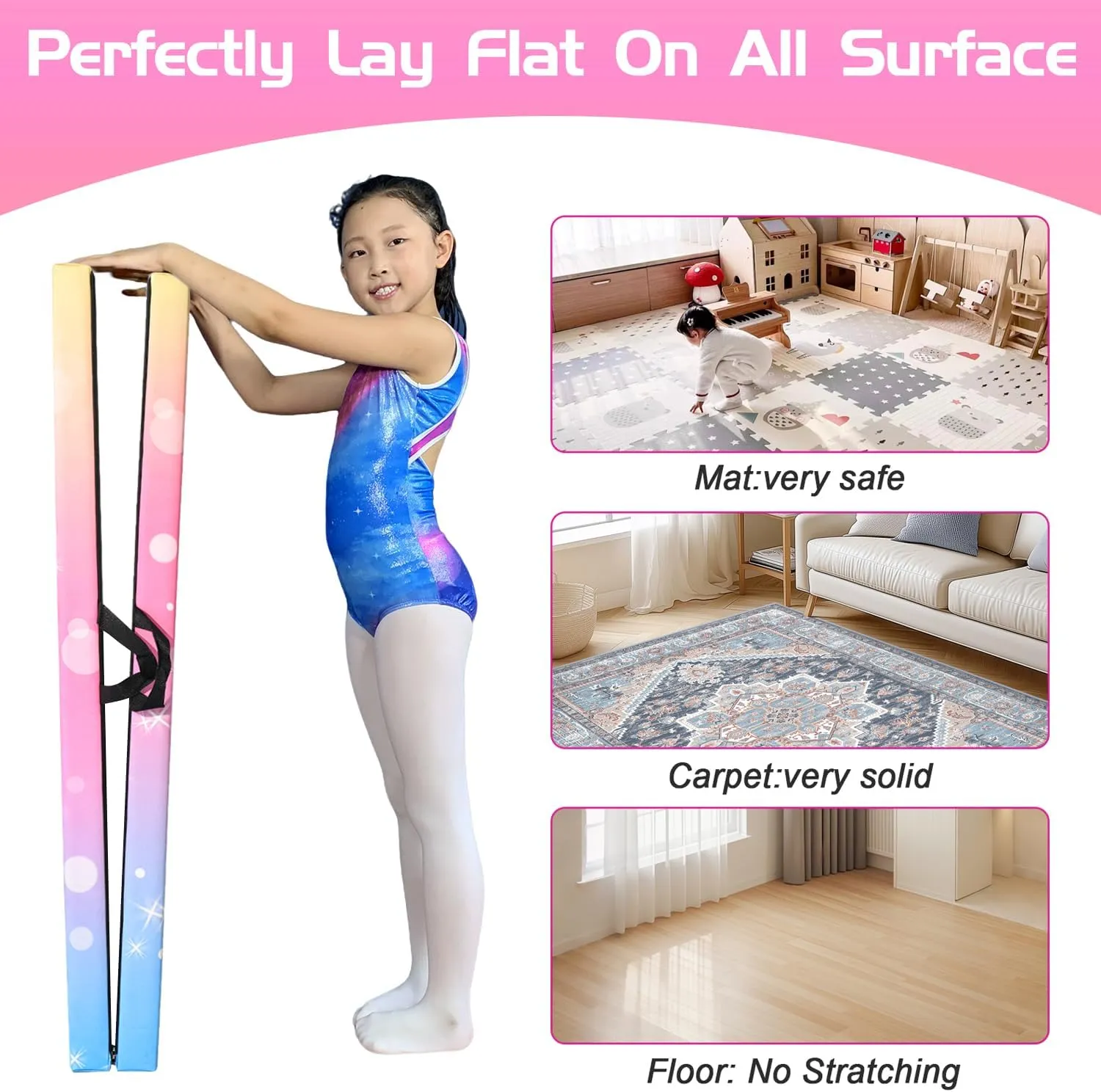8FT Folding Balance Beam -Gymnastics Floor Beam -Gymnastics Equipment for Kids,Wood core- Anti-Slip Bottom and Carrying Bag for Home