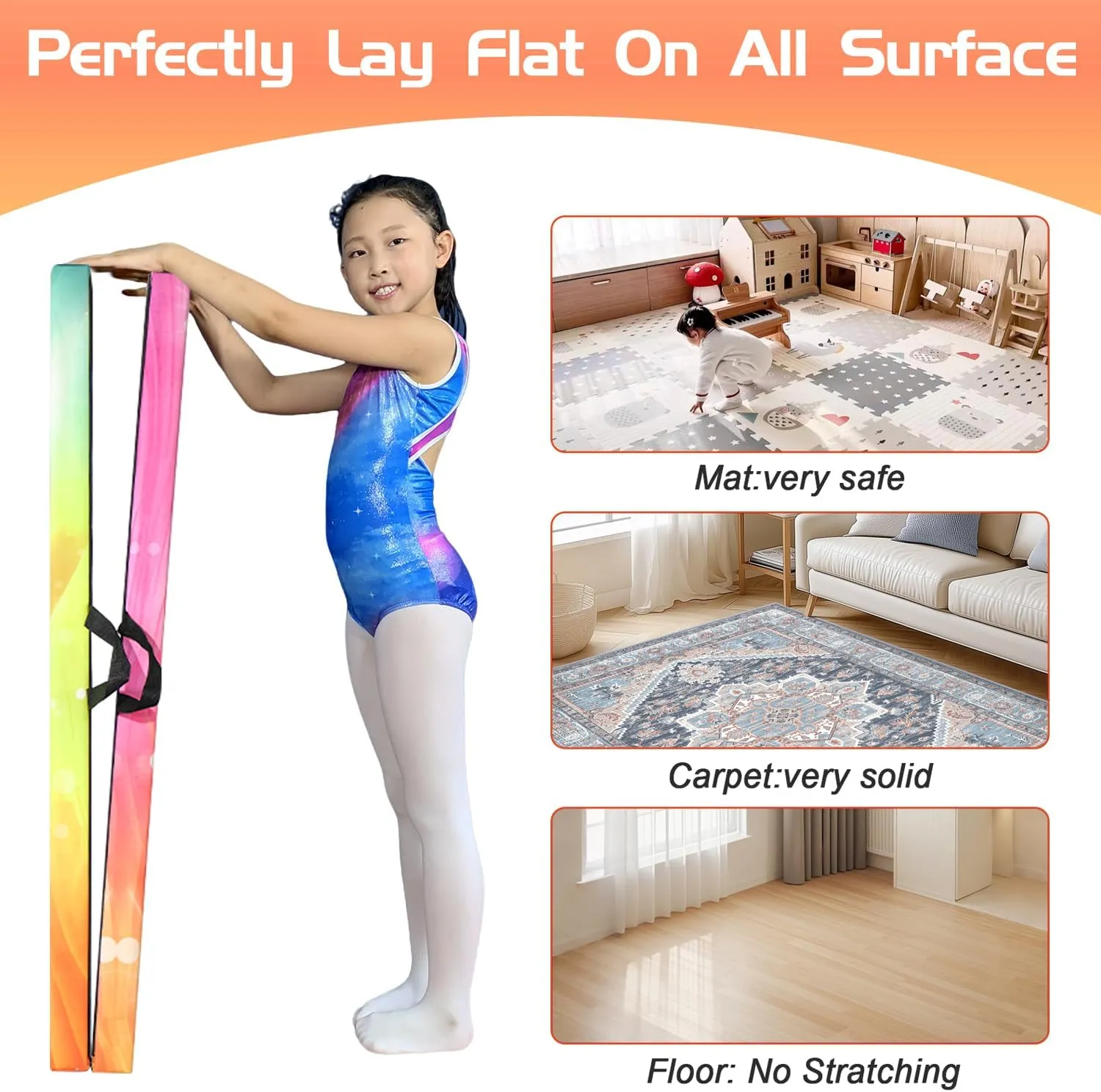 8FT Folding Balance Beam -Gymnastics Floor Beam -Gymnastics Equipment for Kids,Wood core- Anti-Slip Bottom and Carrying Bag for Home