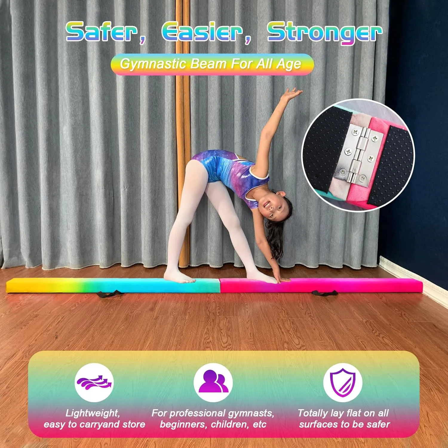 8FT Folding Balance Beam -Gymnastics Floor Beam -Gymnastics Equipment for Kids,Wood core- Anti-Slip Bottom and Carrying Bag for Home