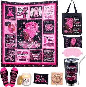 9 Pcs Breast Cancer Survivor Gifts Set For Black Women Breast Cancer Awareness Blanket Accessories Pink Ribbon Chemo Include Tumbler Cosmetic Bag Tote Bag Socks Candle Eye Mask Bracelet Card
