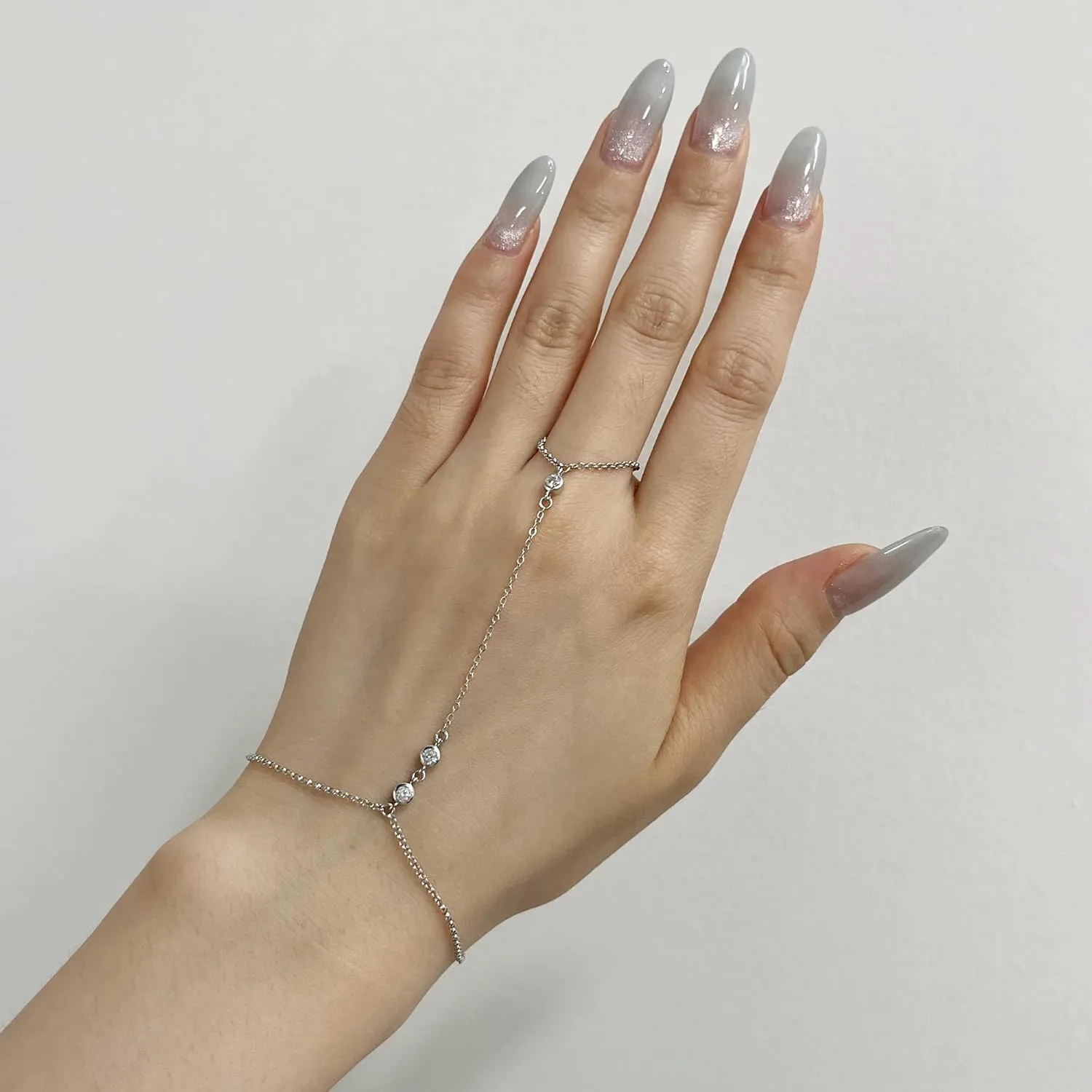 925 Sterling Silver Triple Solitaire CZ Diamond Finger Ring Bracelet Hand Chain for Women, Slave Bracelets Adjustable