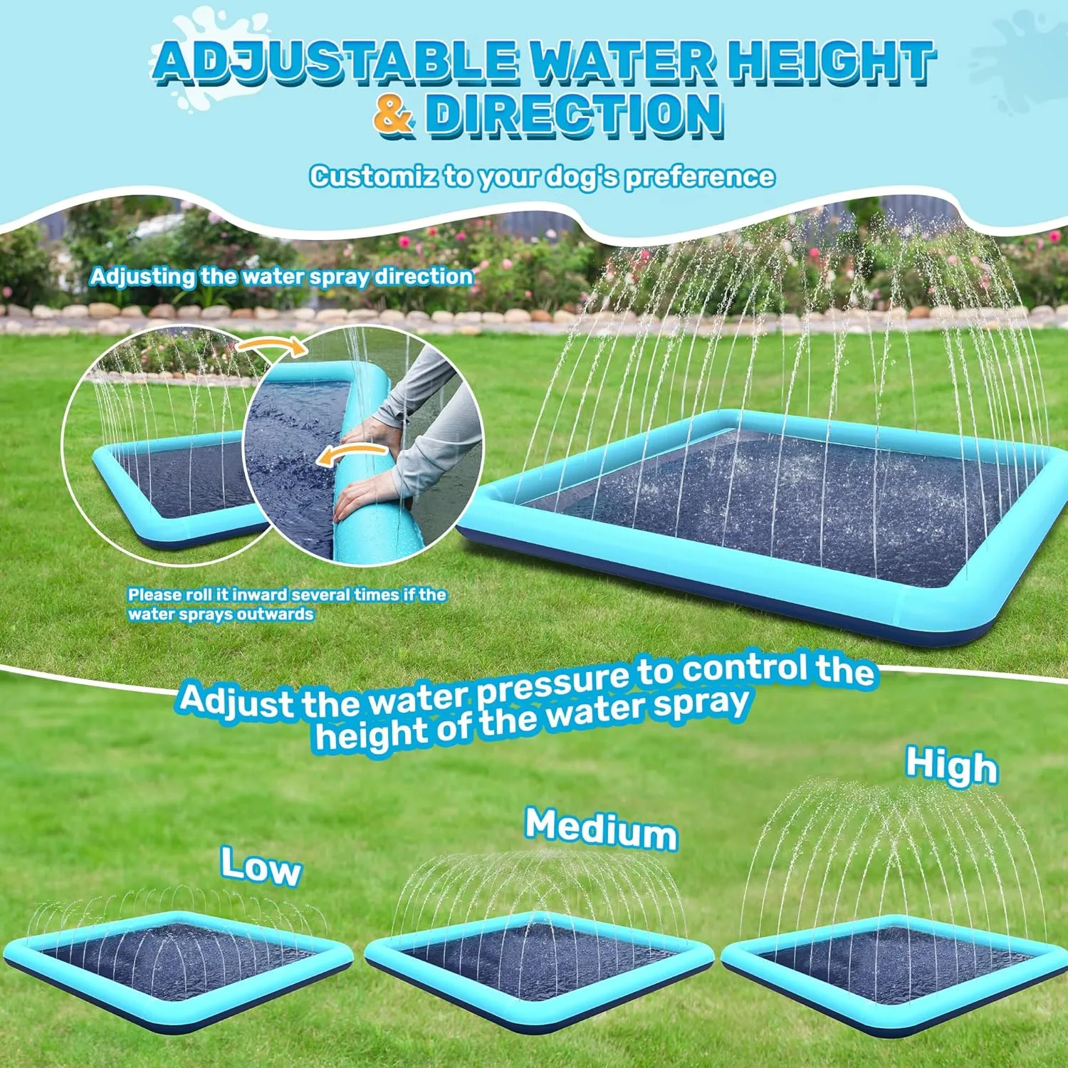 97'' Splash Pad for Dogs, Non-Slip Sprinkler for Kids, Square Splash Pad for Kids Ages 4-8, Splash Pads for Toddlers 1-3, Dog Sprinkler Shallow Pool, Outdoor Water Toys for Backyard, Teal
