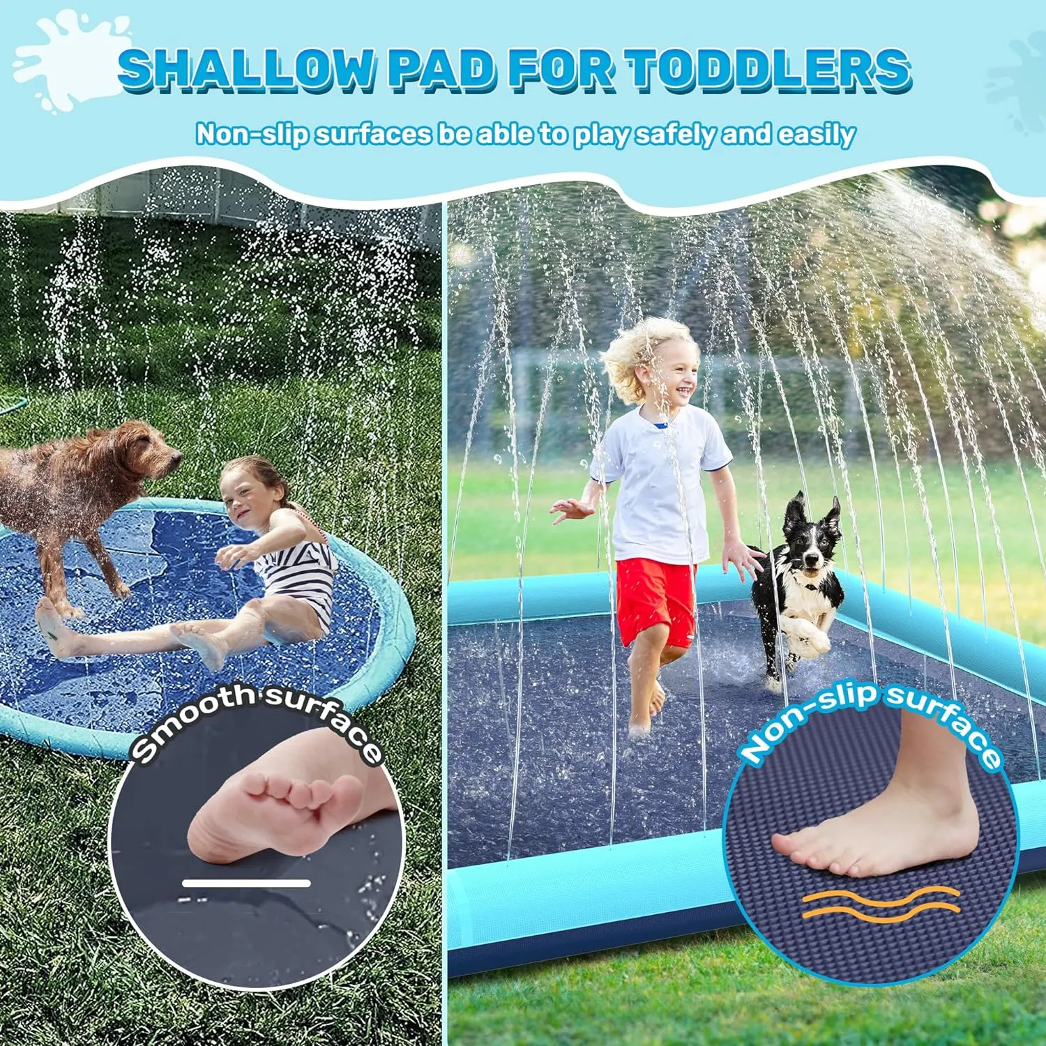 97'' Splash Pad for Dogs, Non-Slip Sprinkler for Kids, Square Splash Pad for Kids Ages 4-8, Splash Pads for Toddlers 1-3, Dog Sprinkler Shallow Pool, Outdoor Water Toys for Backyard, Teal