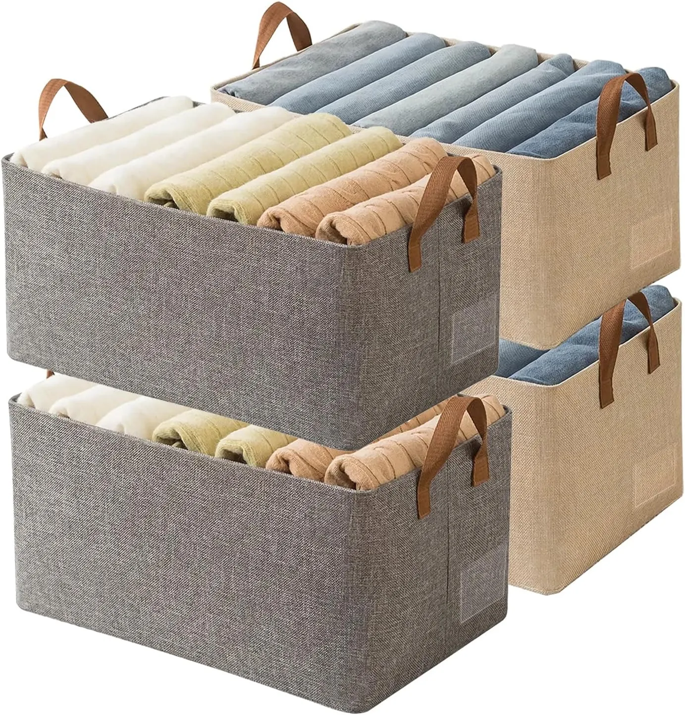 AARAINBOW 4 Pcs Closet Clothes Organizer with Handle, Closet Shelf Fabric Storage Box Steel Frame, Stackable Shelf Storage Baskets Foldable Wardrobe Storage Box for Clothes Toys, 23L (2 Gray 2 Beige)