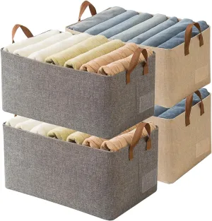 AARAINBOW 4 Pcs Closet Clothes Organizer with Handle, Closet Shelf Fabric Storage Box Steel Frame, Stackable Shelf Storage Baskets Foldable Wardrobe Storage Box for Clothes Toys, 23L (2 Gray 2 Beige)