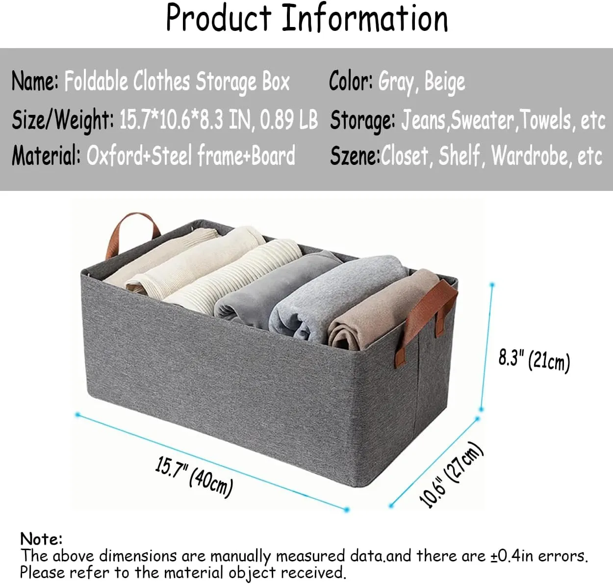 AARAINBOW 4 Pcs Closet Clothes Organizer with Handle, Closet Shelf Fabric Storage Box Steel Frame, Stackable Shelf Storage Baskets Foldable Wardrobe Storage Box for Clothes Toys, 23L (2 Gray 2 Beige)