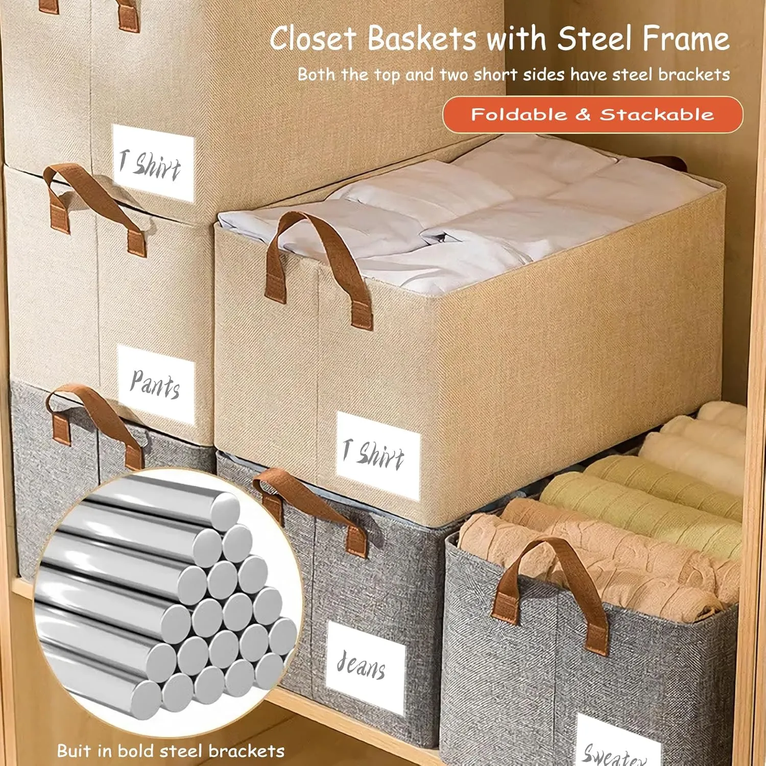 AARAINBOW 4 Pcs Closet Clothes Organizer with Handle, Closet Shelf Fabric Storage Box Steel Frame, Stackable Shelf Storage Baskets Foldable Wardrobe Storage Box for Clothes Toys, 23L (2 Gray 2 Beige)