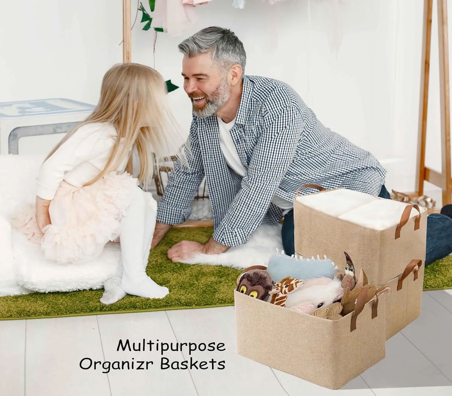 AARAINBOW 4 Pcs Closet Clothes Organizer with Handle, Closet Shelf Fabric Storage Box Steel Frame, Stackable Shelf Storage Baskets Foldable Wardrobe Storage Box for Clothes Toys, 23L (2 Gray 2 Beige)