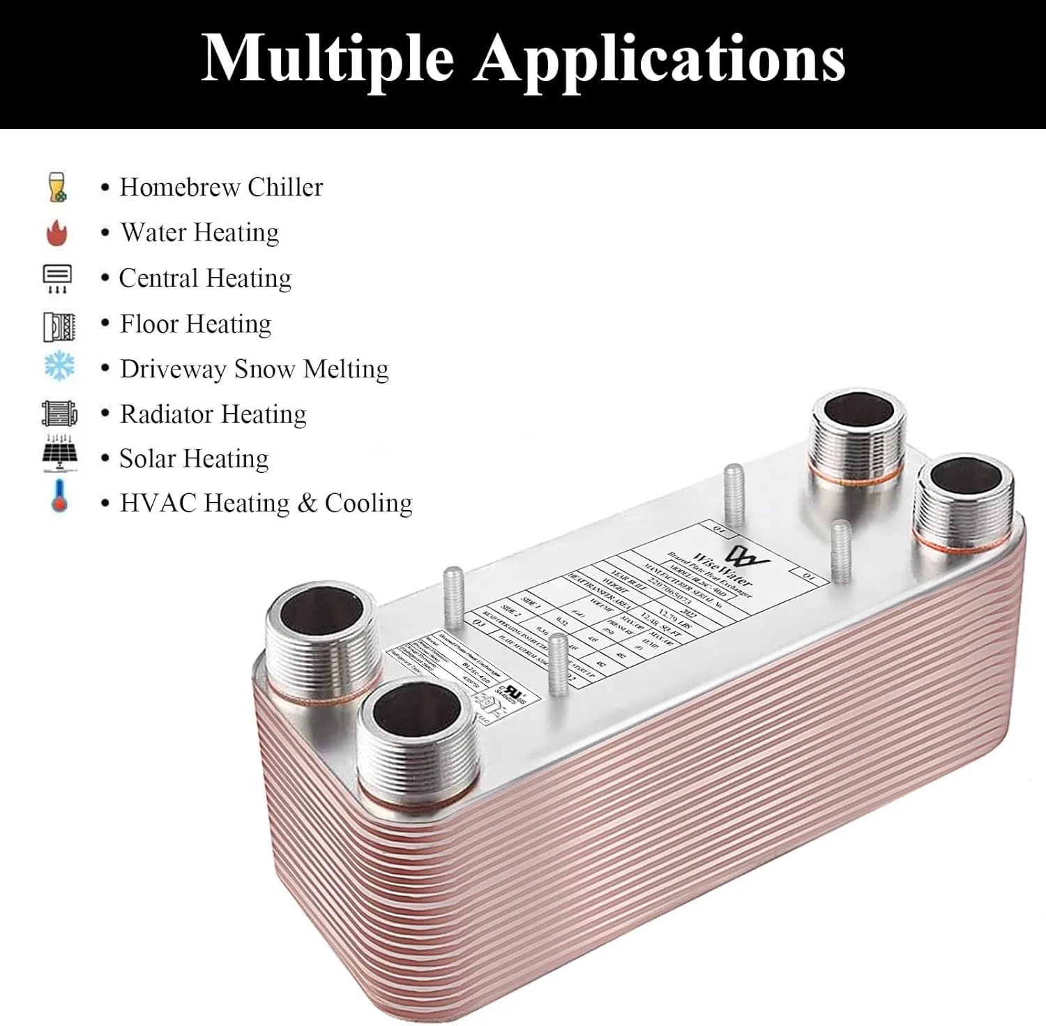 AB Plate Heat Exchanger, 5"x12" 50 Plates Water To Water Heat Exchanger, Copper/SS316L Stainless Steel Brazed Plate Heat Exchanger For Floor Heating, Water Heating, Snow Melting