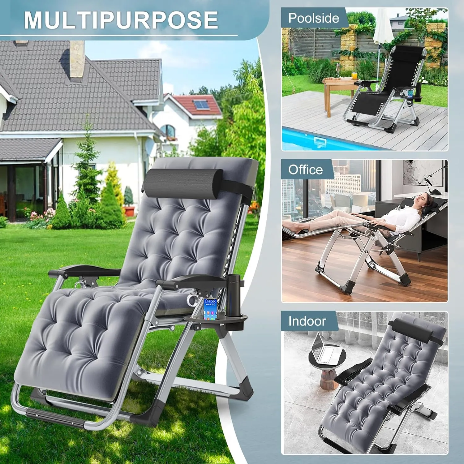ABORON Zero Gravity Chair,Premium Outdoor Lawn Folding Lounge Chairs,Sturdy Adjustable Reclining Patio Chairs with Removable Cushion,Headrest & Tray