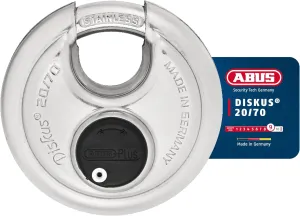 ABUS Diskus 20/70 Heavy Duty Stainless Steel Disk Padlock - Rustproof Storage Lock with 3/8" Shackle - Made in Germany - Keyed Alike Code 323614