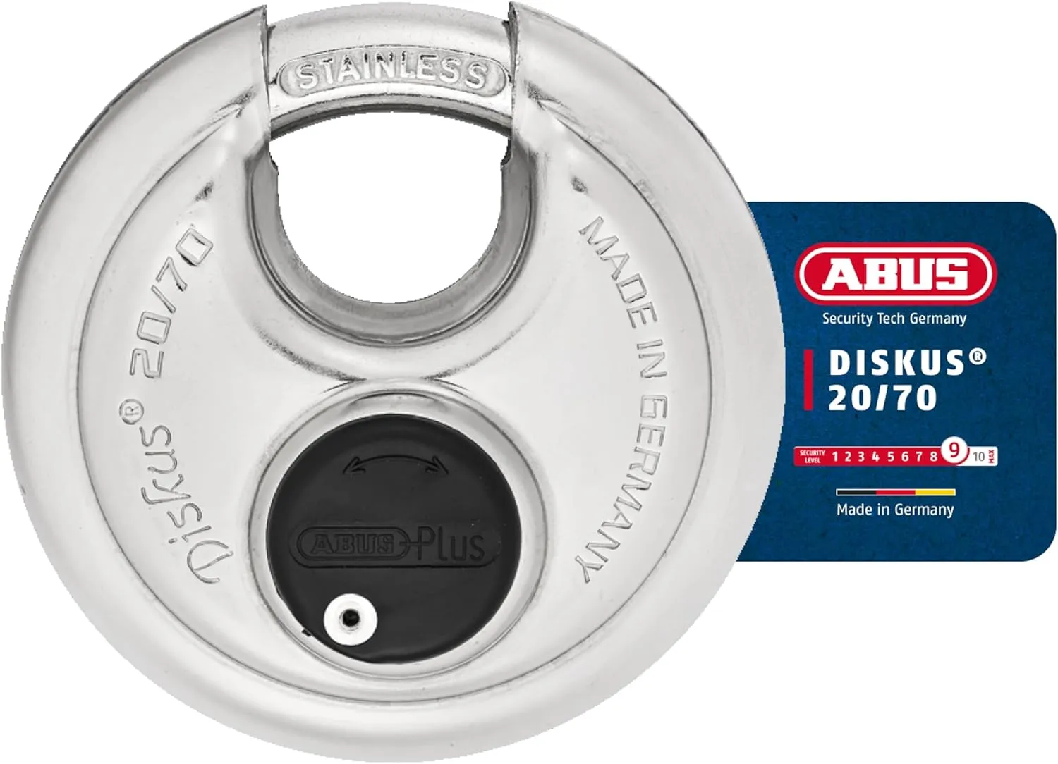 ABUS Diskus 20/70 Heavy Duty Stainless Steel Disk Padlock - Rustproof Storage Lock with 3/8" Shackle - Made in Germany - Keyed Alike Code 323614