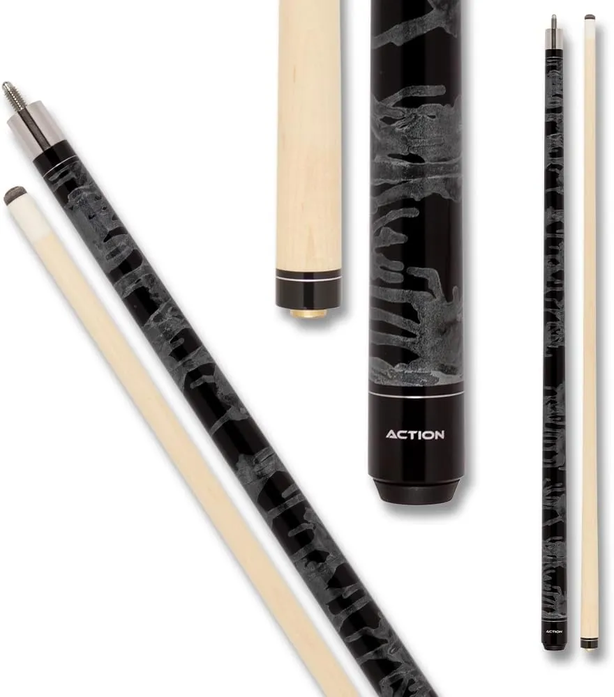 Action VAL01 Value Series Pool Cue - 58" Cue - Hard Maple Shaft with 13mm Boar Skin Tip - Black and Gray Swirl
