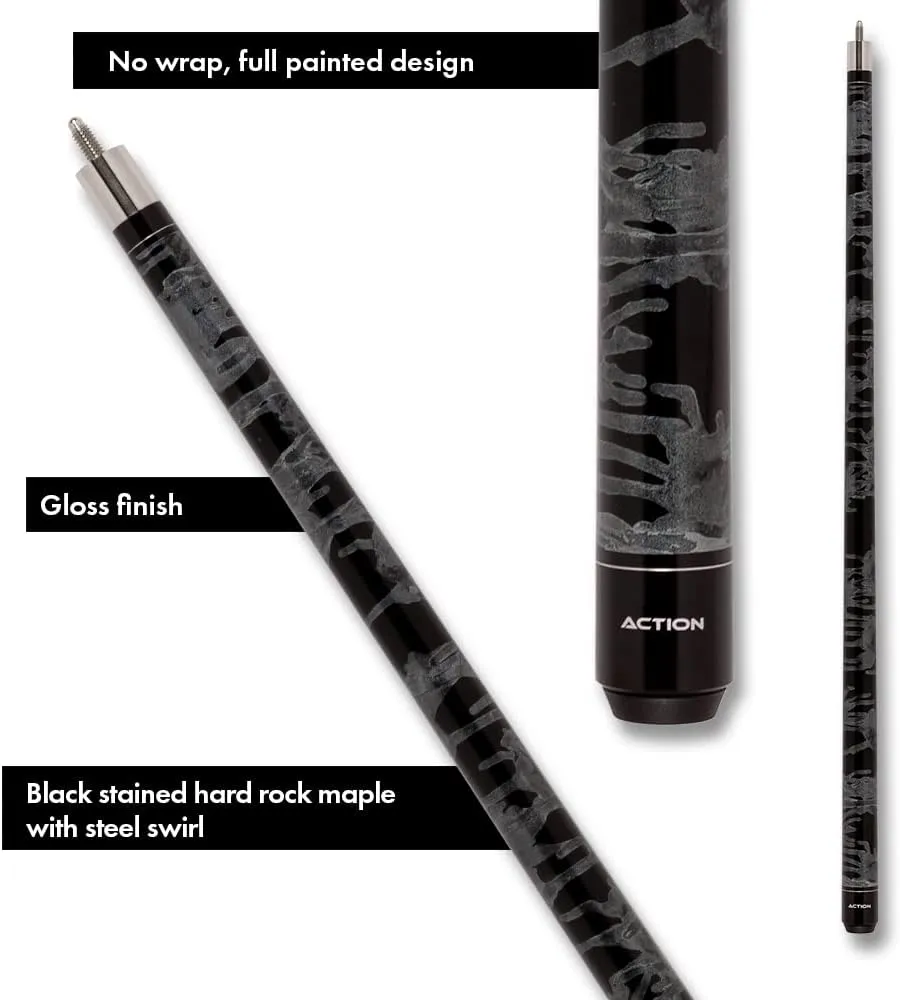 Action VAL01 Value Series Pool Cue - 58" Cue - Hard Maple Shaft with 13mm Boar Skin Tip - Black and Gray Swirl