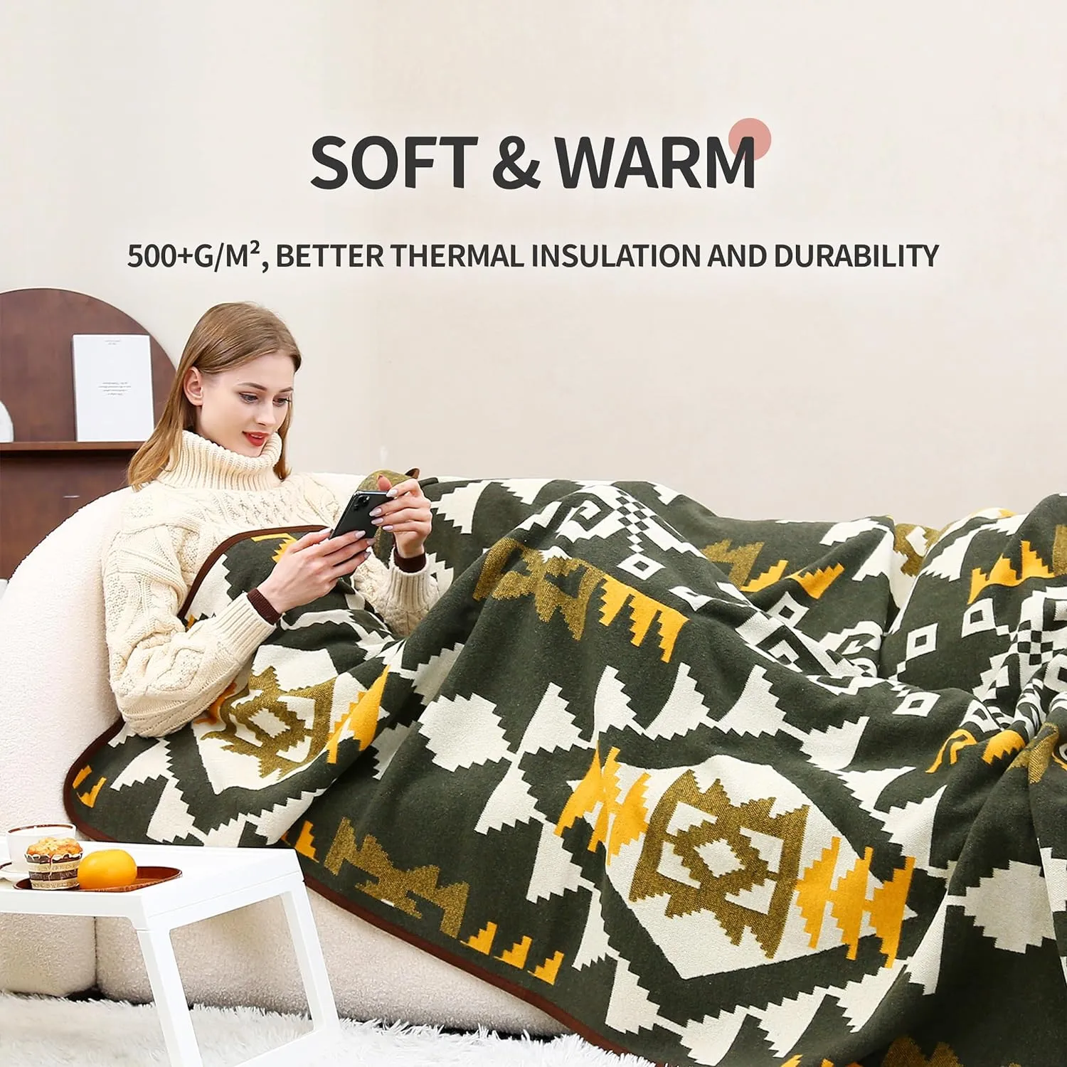 ACUSHLA Merino Wool Camp Blanket - Warm Thick Washable Large Outdoor Camping Sleeping Throw Blanket All Weather Aztec Style 63''X79''