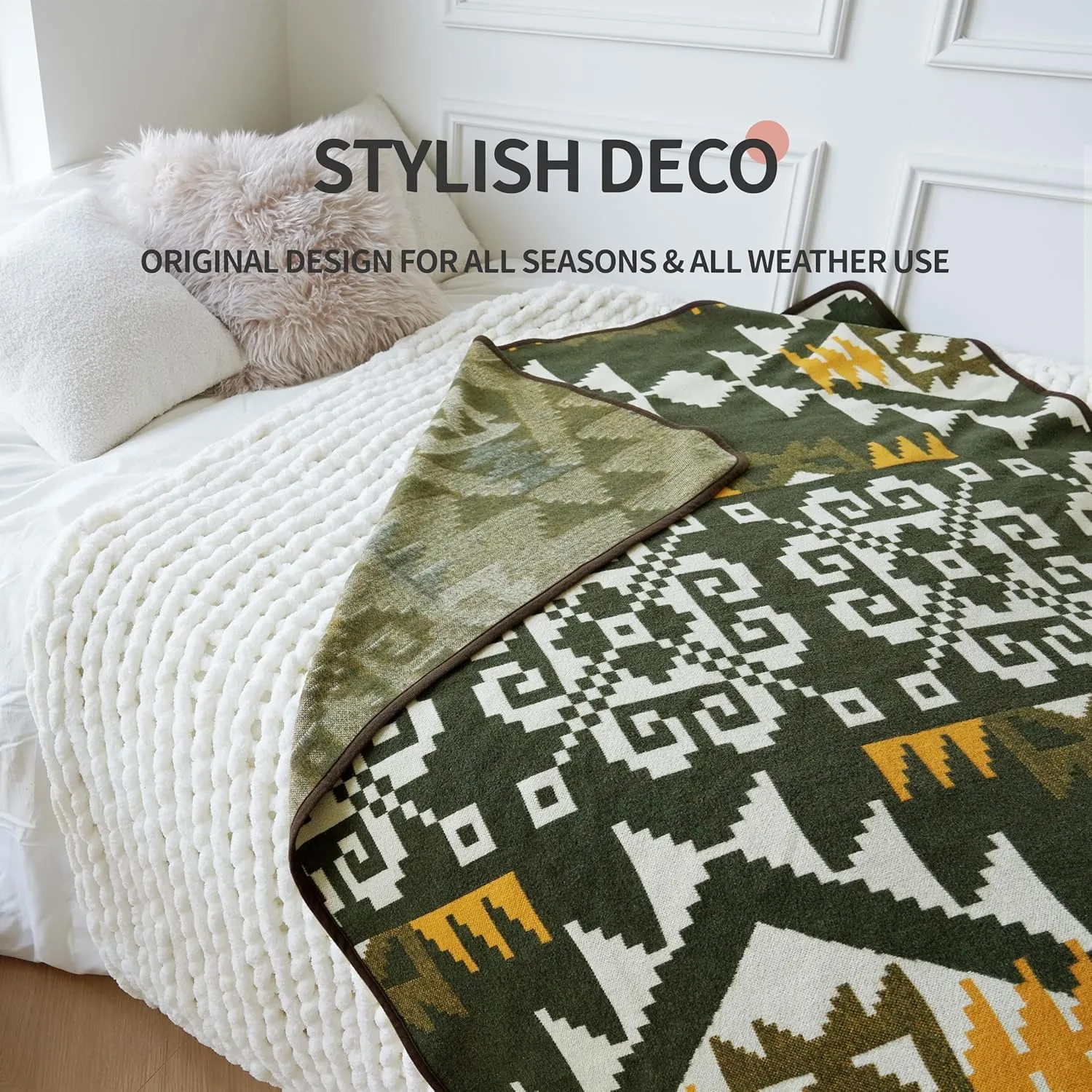 ACUSHLA Merino Wool Camp Blanket - Warm Thick Washable Large Outdoor Camping Sleeping Throw Blanket All Weather Aztec Style 63''X79''