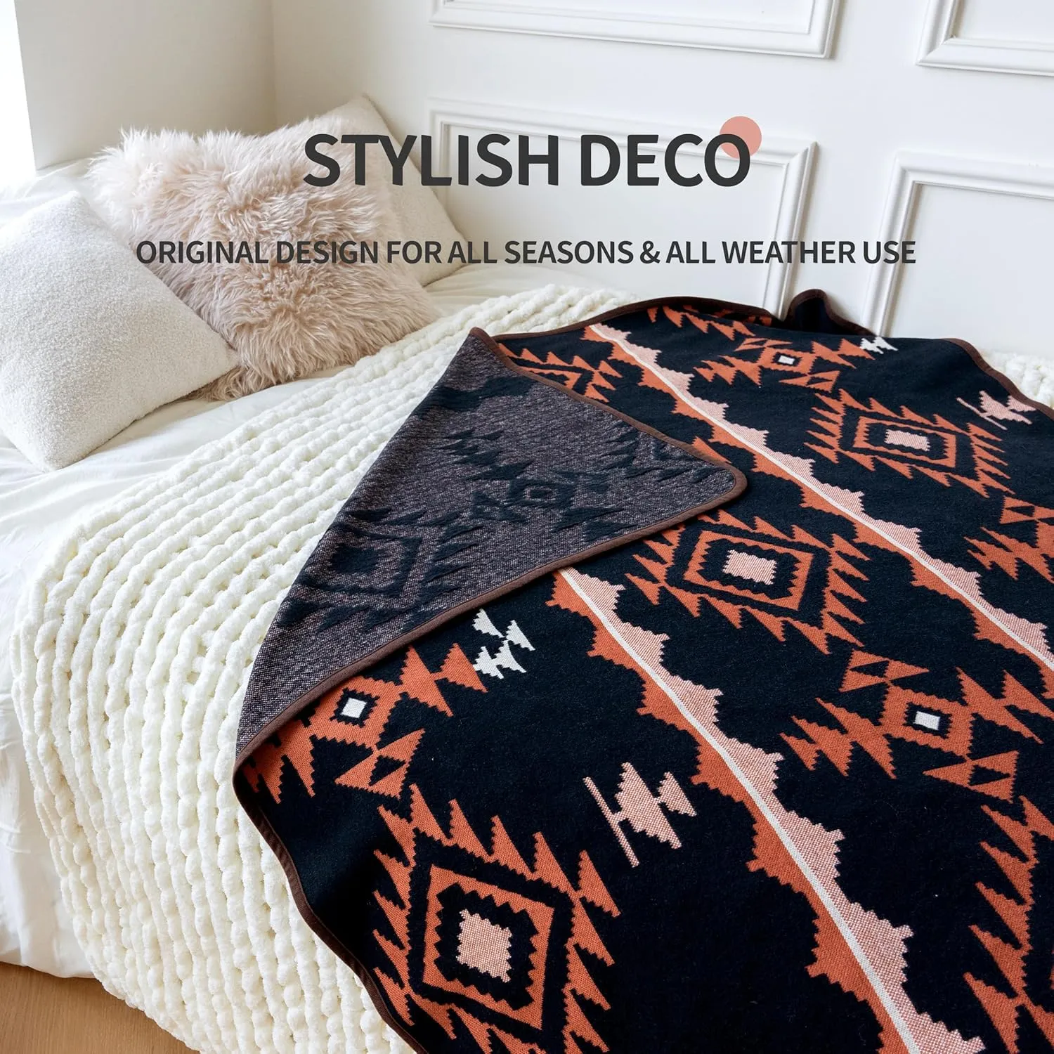 ACUSHLA Merino Wool Camp Blanket - Warm Thick Washable Large Outdoor Camping Sleeping Throw Blanket All Weather Morocco Blue 79" x63"