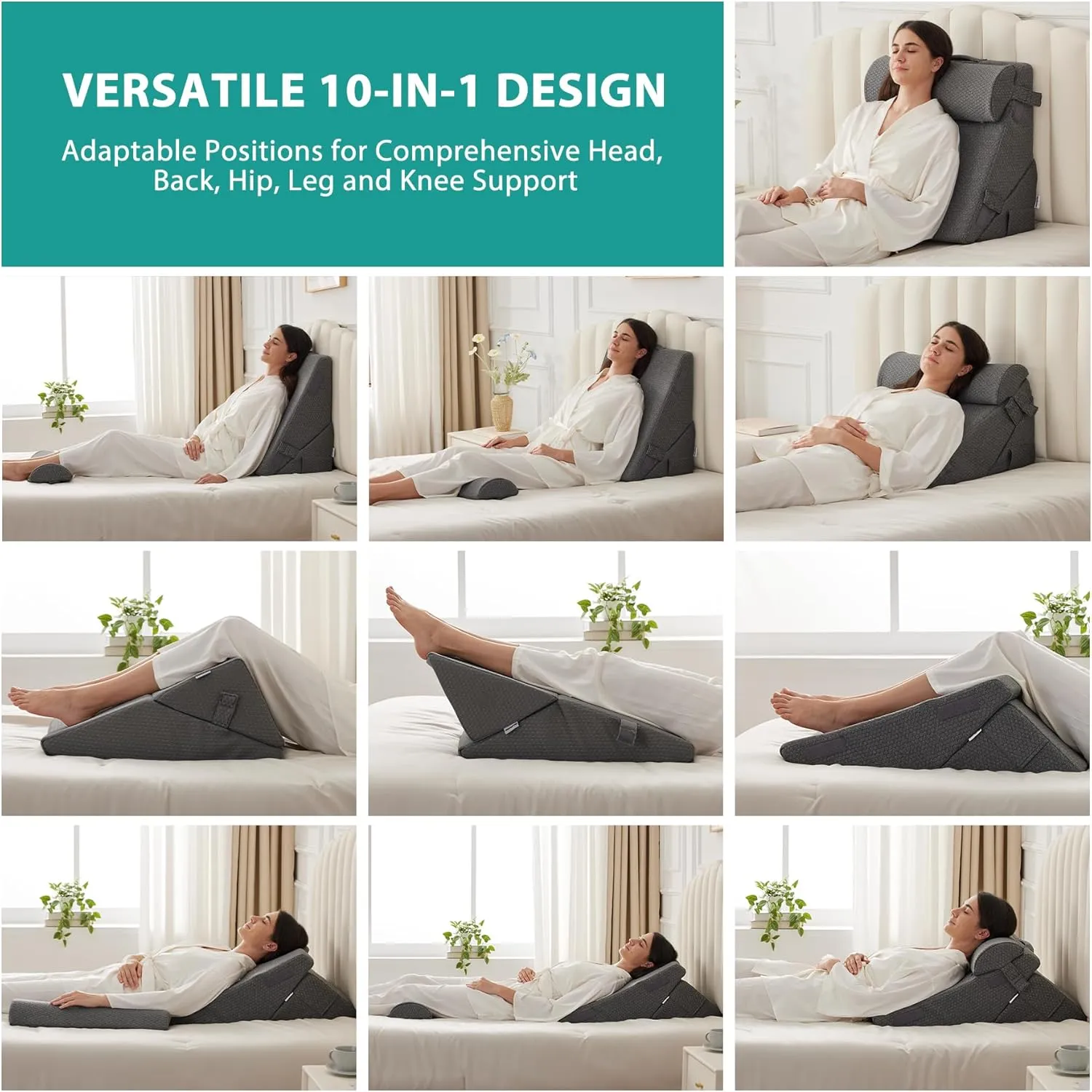 Adjustable 4pcs Bed Wedge Pillow Set, Memory Foam Wedge Pillows Post Surgery for Back, Neck, Leg Pain Relief, Pillow Wedge for Sleeping, Sitting up in Bed, Acid Reflux and GERD, Grey