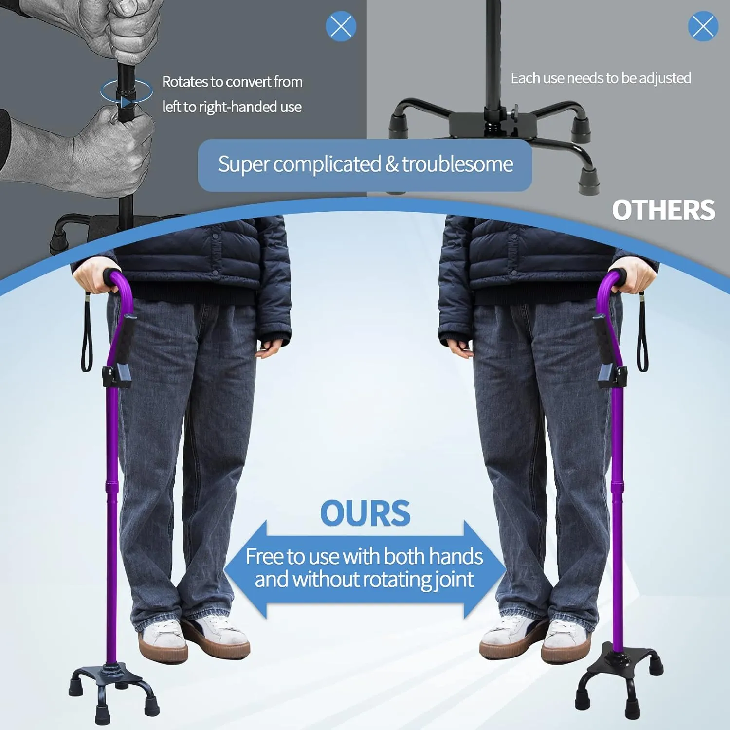 Adjustable Walking Cane for Men & Women with 4-Pronged Base for Extra Stability - Foldable Cane for Seniors with Foam Padded Offset Handle for Soft Grip & a Second Handle for Standing