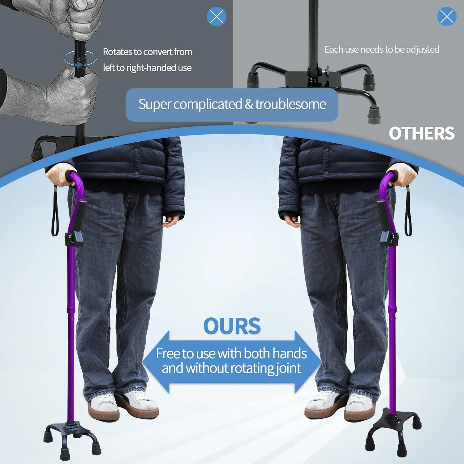 Adjustable Walking Cane for Men & Women with 4-Pronged Base for Extra Stability - Foldable Cane for Seniors with Foam Padded Offset Handle for Soft Grip & a Second Handle for Standing