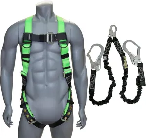AFP Universal Full-Body Safety Harness w/Dorsal D-Ring Tongue Buckle Legs High-Viz Green, Shock Absorbing Lanyard (OSHA/ANSI)