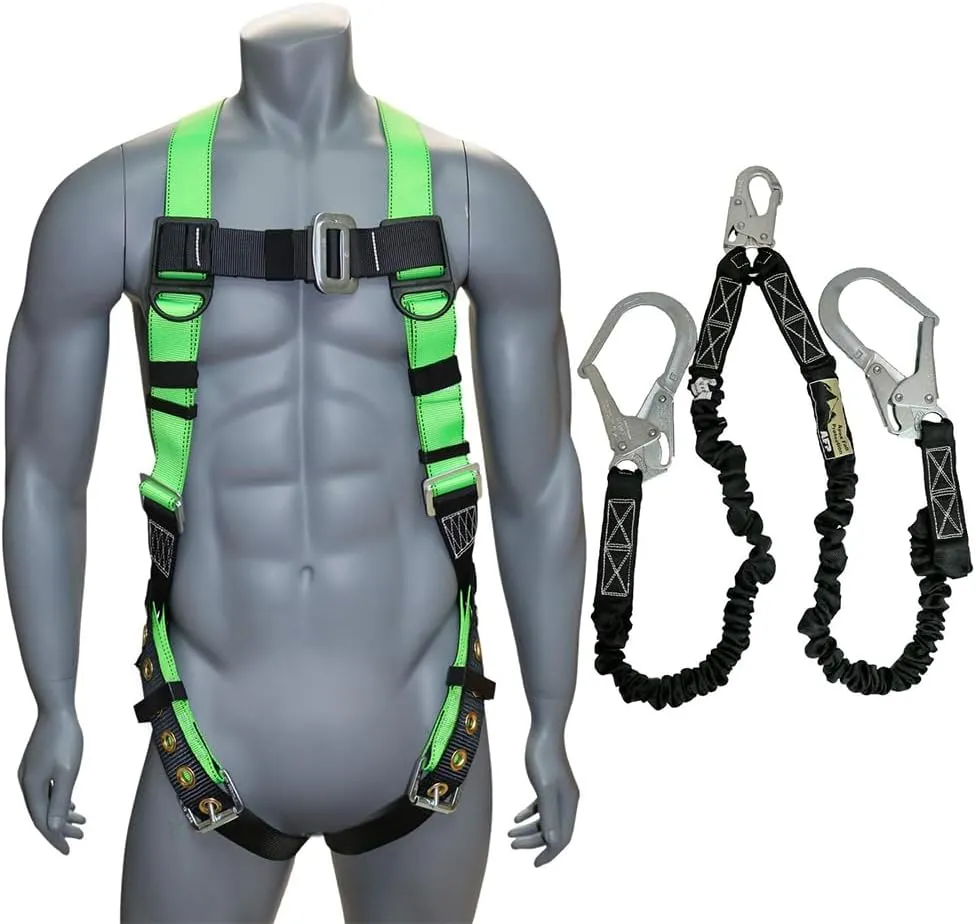 AFP Universal Full-Body Safety Harness w/Dorsal D-Ring Tongue Buckle Legs High-Viz Green, Shock Absorbing Lanyard (OSHA/ANSI)