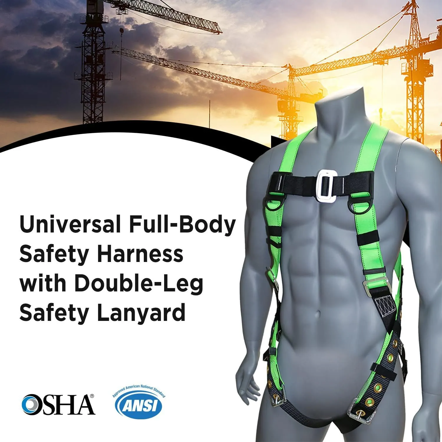 AFP Universal Full-Body Safety Harness w/Dorsal D-Ring Tongue Buckle Legs High-Viz Green, Shock Absorbing Lanyard (OSHA/ANSI)
