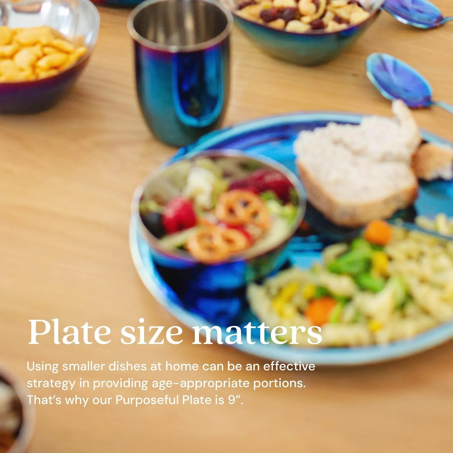 Ahimsa Stainless Steel Kids Plates - 9" Round Blue Toddler Plates, Non Toxic Plate, BPA Free & Dishwasher Safe (Single)