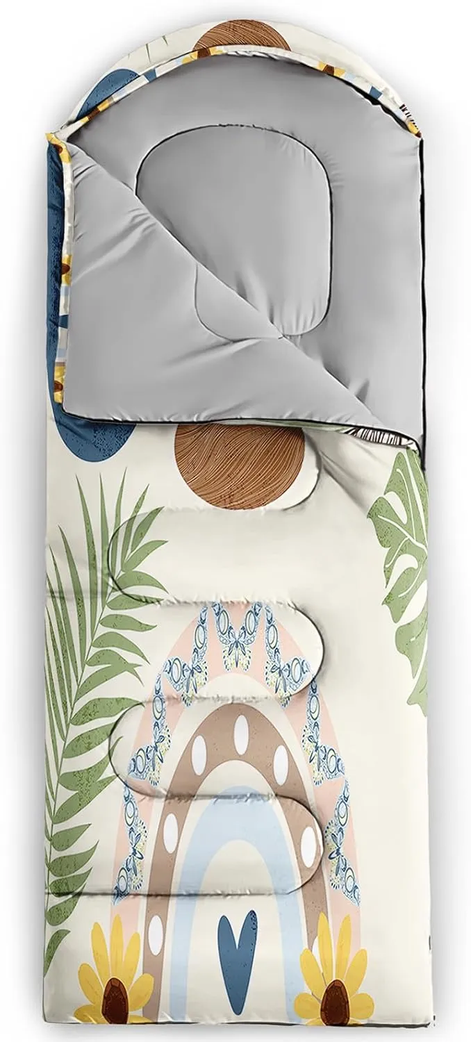 AILONEN Galaxy Wolf Sleeping Bag for Boys Girls Kids,Warm and Cool Weather,Lightweight,Waterproof Backpacking,Starry Night Wolf and Butterflies Print Blue Sleeping Bag for Camping