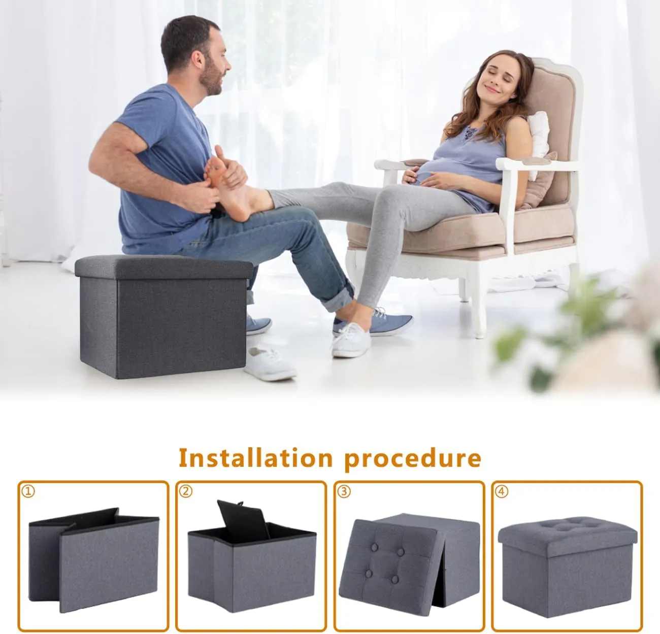 ALASDO Ottoman Storage Ottoman Footrest Stool Small Ottoman with Storage Foldable Ottoman Foot Rest Footstool Bench for Living Room 17x13x13inches Grey