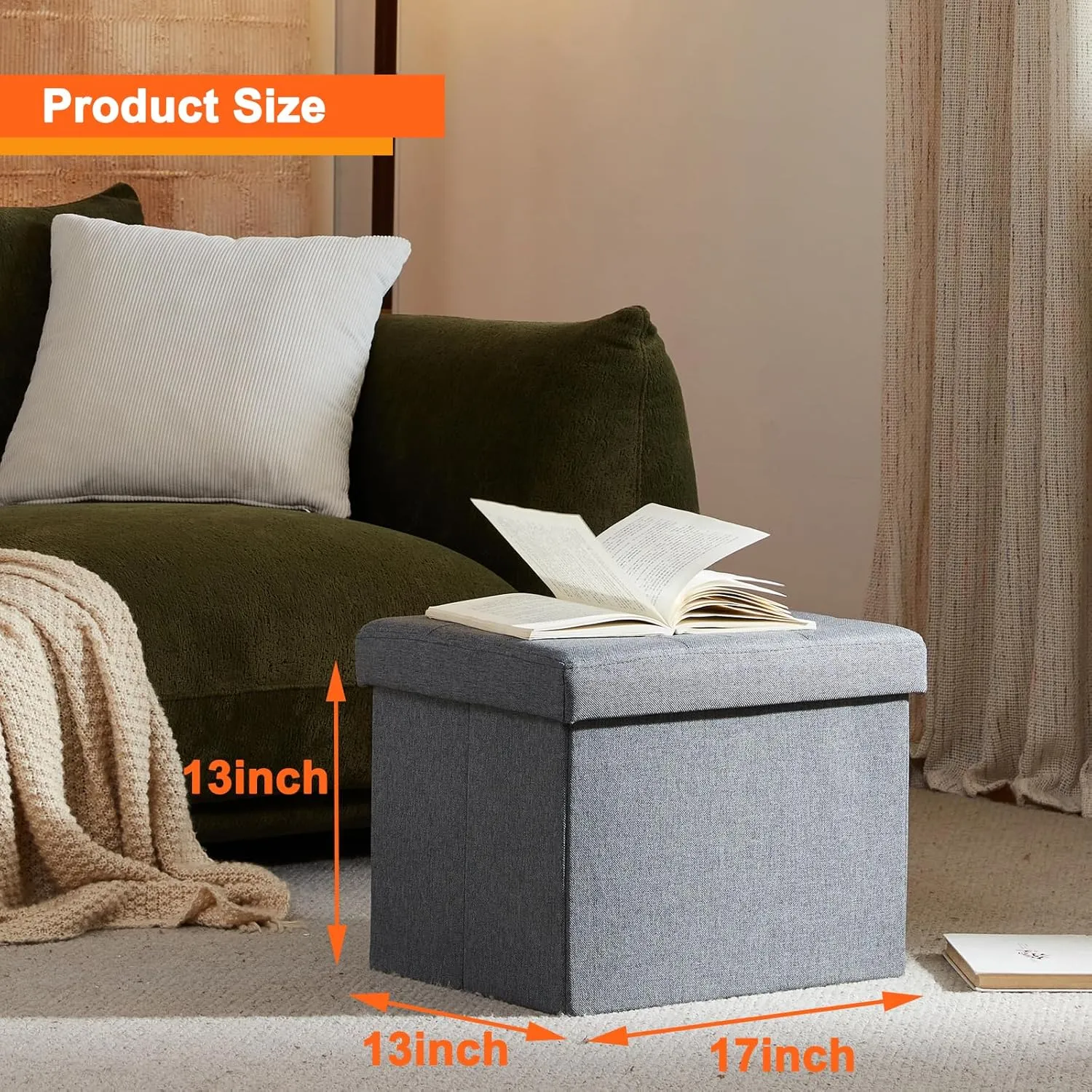 ALASDO Ottoman Storage Ottoman Footrest Stool Small Ottoman with Storage Foldable Ottoman Foot Rest Footstool Bench for Living Room 17x13x13inches Grey