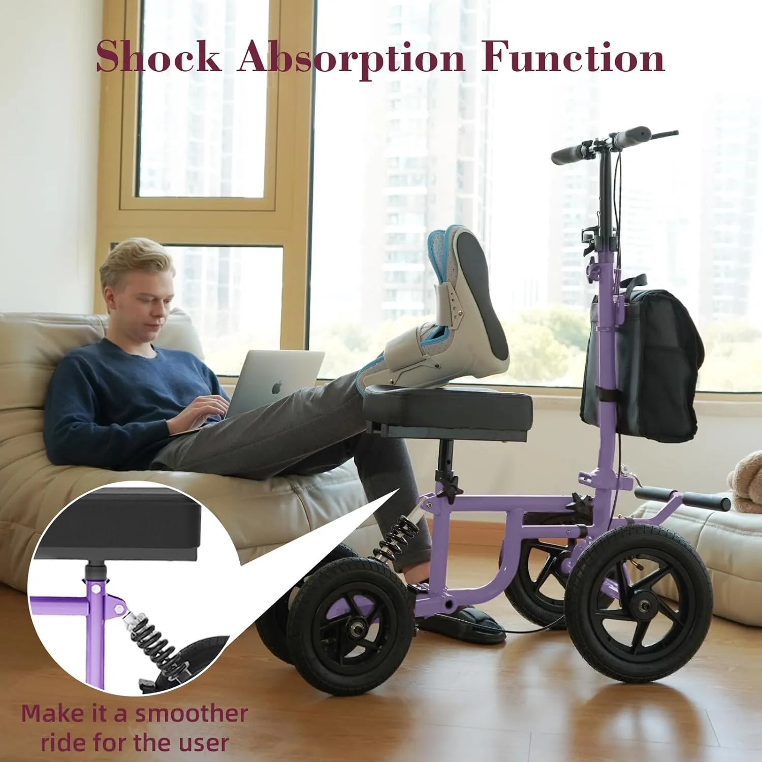 All Terrain Knee Scooter for Adults, Foldable Rolling Knee Scooter with DIY Stickers & Shock Absorber, Steerable Knee Walker for Broken Foot, Ankle Injuries & Surgery, Better Crutch Alternative