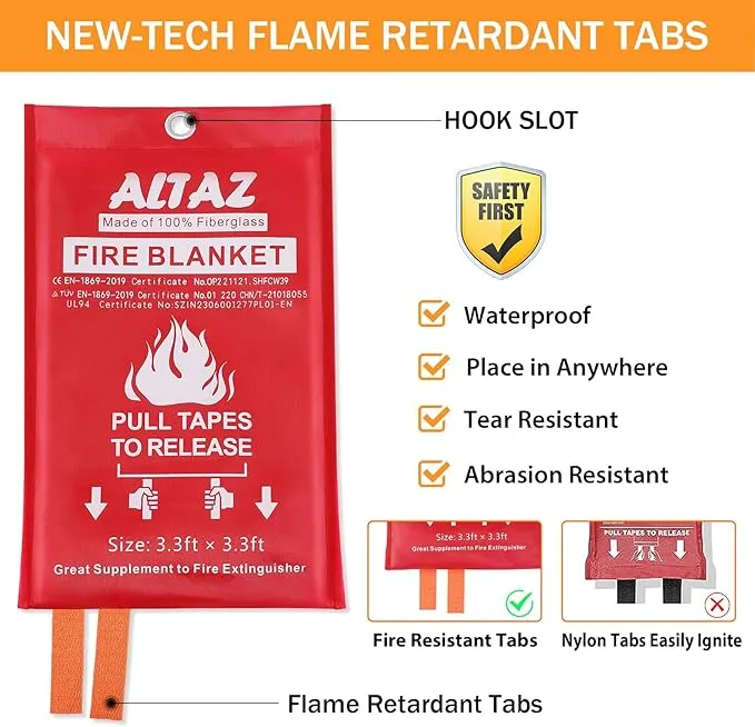 Altaz Emergency Fire Blanket for Home Kitchen - 39.4"x39.4" Flame Suppression Fiberglass Fire Blankets for Camping, Grill, Car, Office, Warehouse, Fireplace, Survival, Safety (4 Pack)