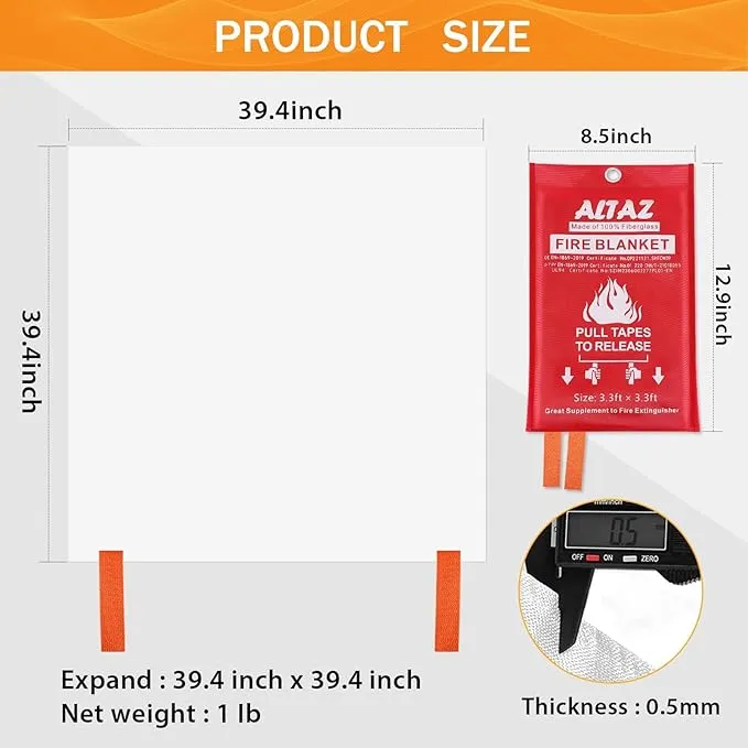 Altaz Emergency Fire Blanket for Home Kitchen - 39.4"x39.4" Flame Suppression Fiberglass Fire Blankets for Camping, Grill, Car, Office, Warehouse, Fireplace, Survival, Safety (4 Pack)