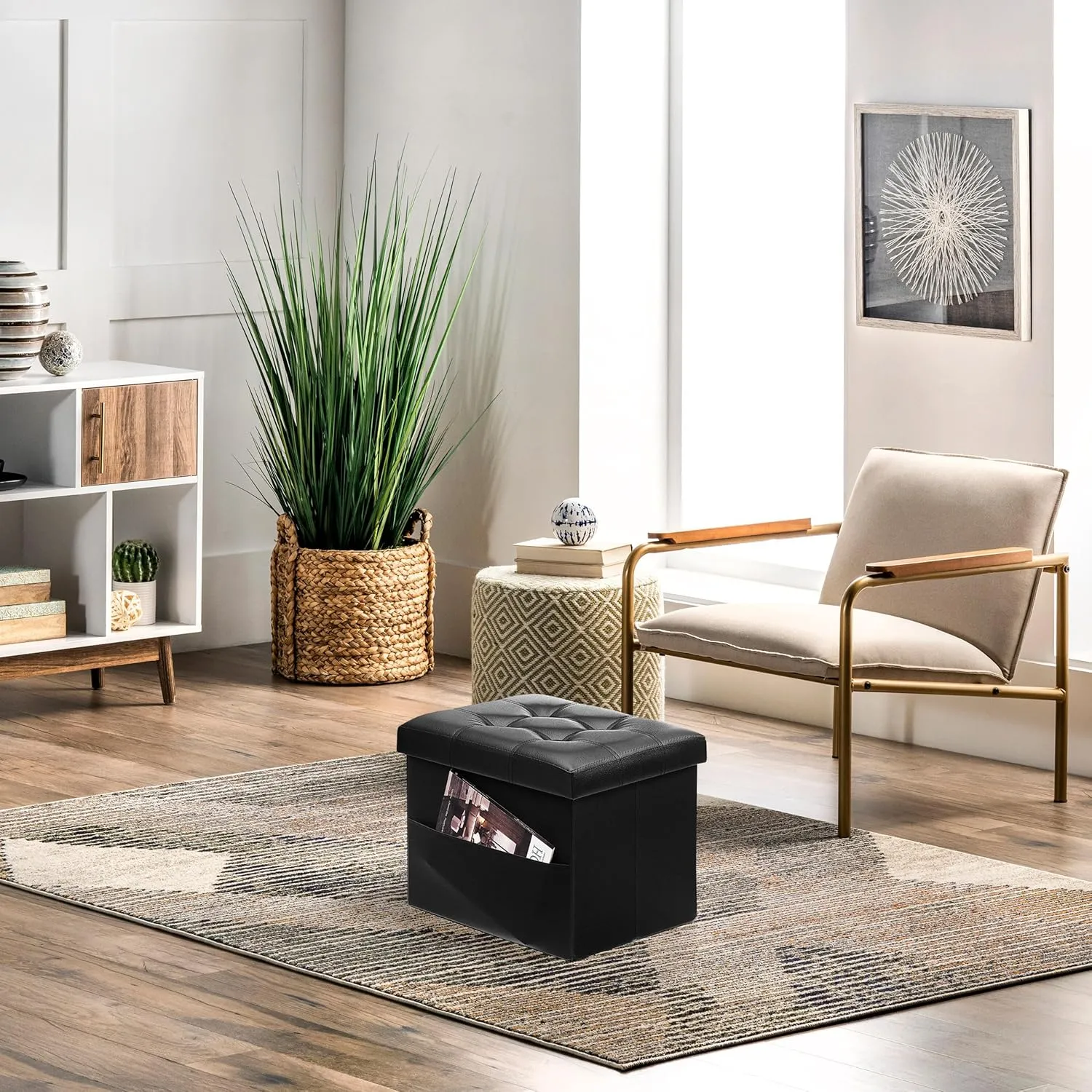 AmasSmile Folding Storage Ottoman Foot Rest Stool with Side Pocket, 16 inches Leather Footstool Bench, Short Ottoman Bench, Storage Foot Rest Store, Books,Black