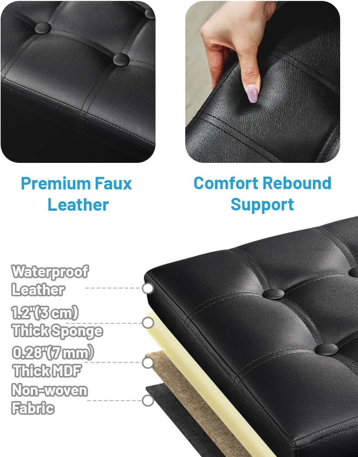 AmasSmile Folding Storage Ottoman Foot Rest Stool with Side Pocket, 16 inches Leather Footstool Bench, Short Ottoman Bench, Storage Foot Rest Store, Books,Black