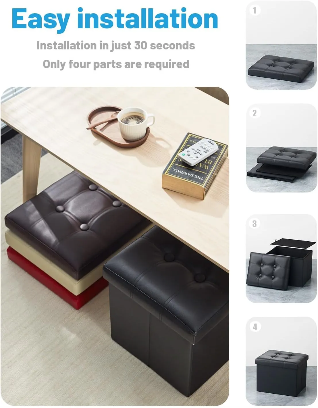 AmasSmile Folding Storage Ottoman Foot Rest Stool with Side Pocket, 16 inches Leather Footstool Bench, Short Ottoman Bench, Storage Foot Rest Store, Books,Black