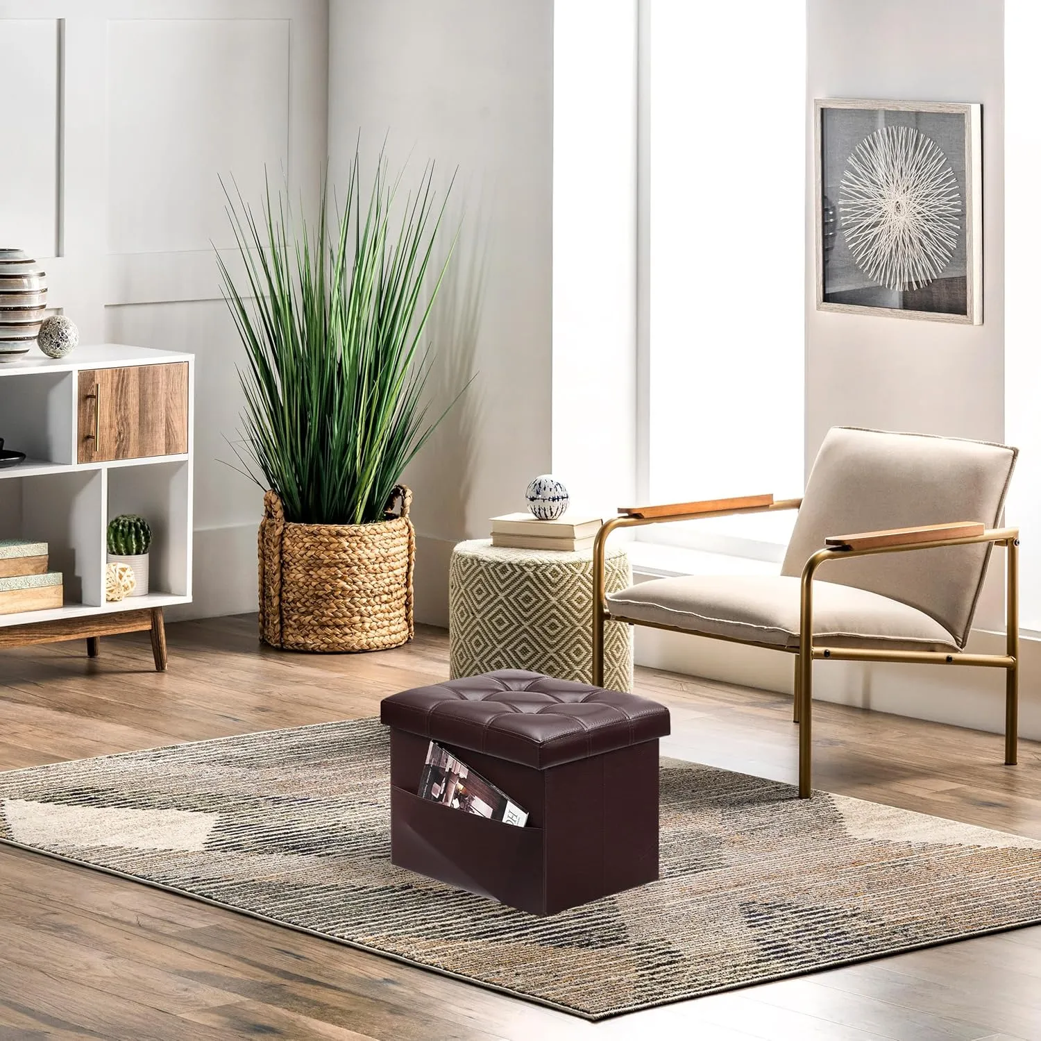 AmasSmile Storage Ottoman Folding Foot Rest Stool with Side Pocket, 16 inch Leather Footstool Bench, Short Ottoman Bench, Storage Foot Rest Store, Books, Brown