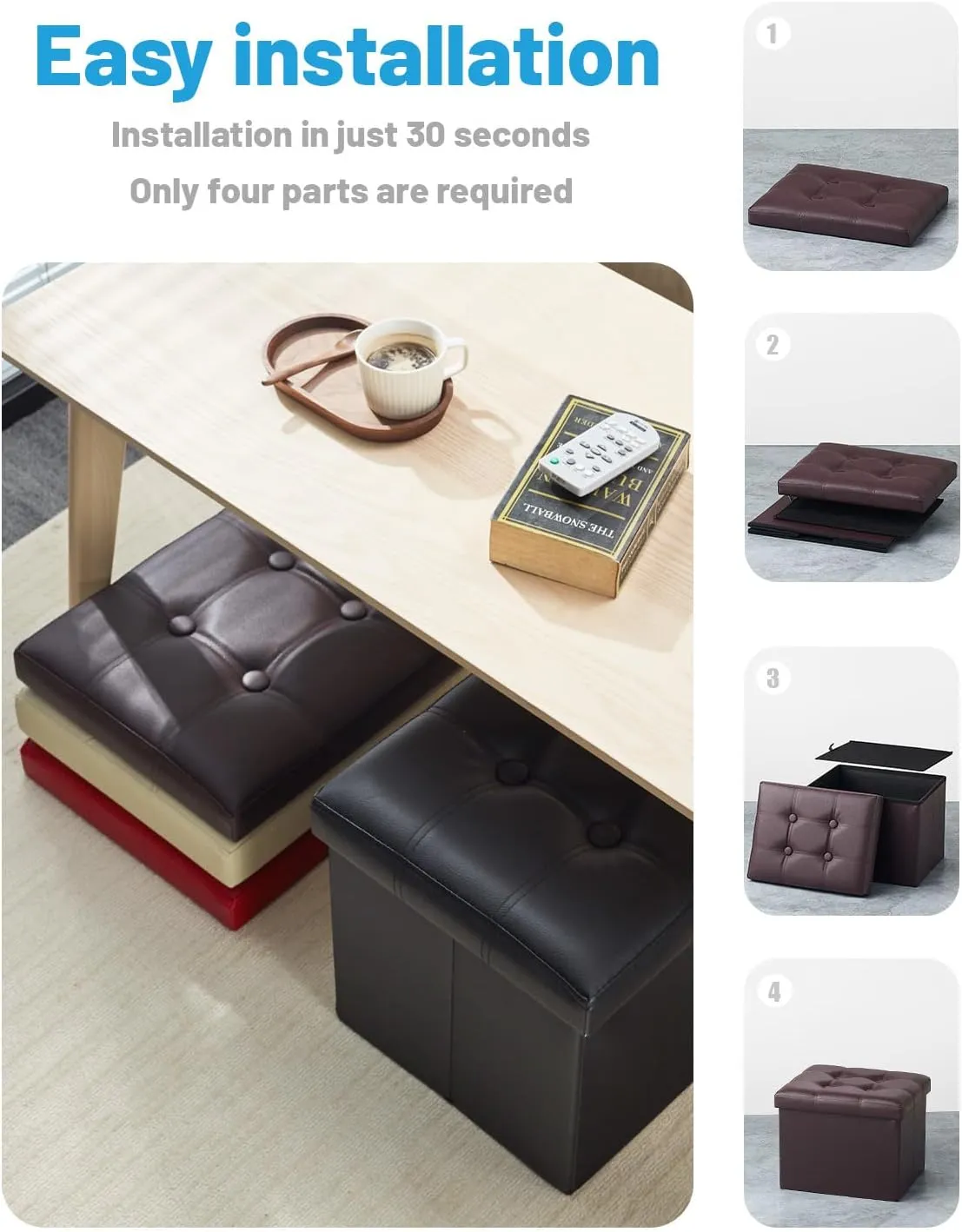 AmasSmile Storage Ottoman Folding Foot Rest Stool with Side Pocket, 16 inch Leather Footstool Bench, Short Ottoman Bench, Storage Foot Rest Store, Books, Brown