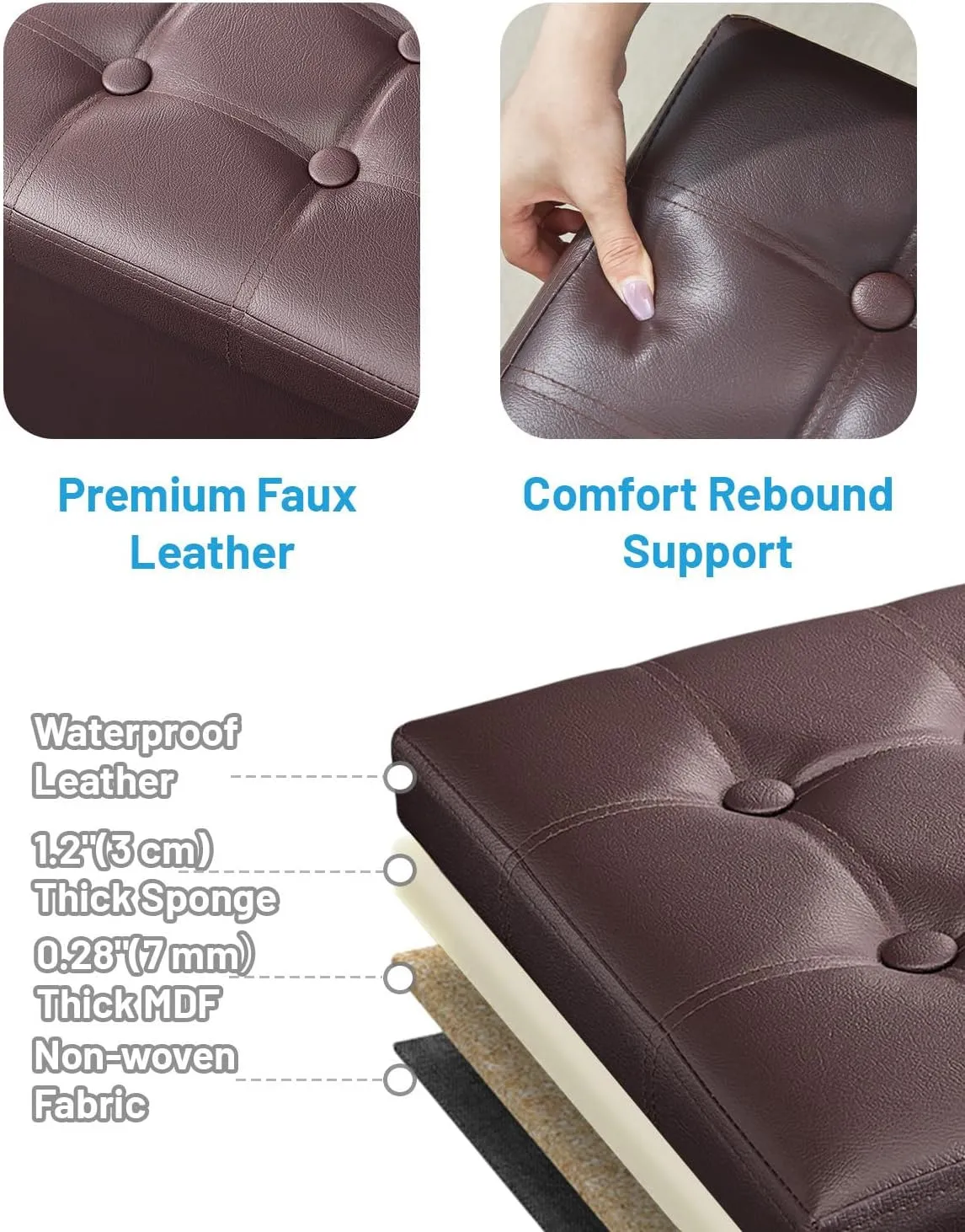 AmasSmile Storage Ottoman Folding Foot Rest Stool with Side Pocket, 16 inch Leather Footstool Bench, Short Ottoman Bench, Storage Foot Rest Store, Books, Brown