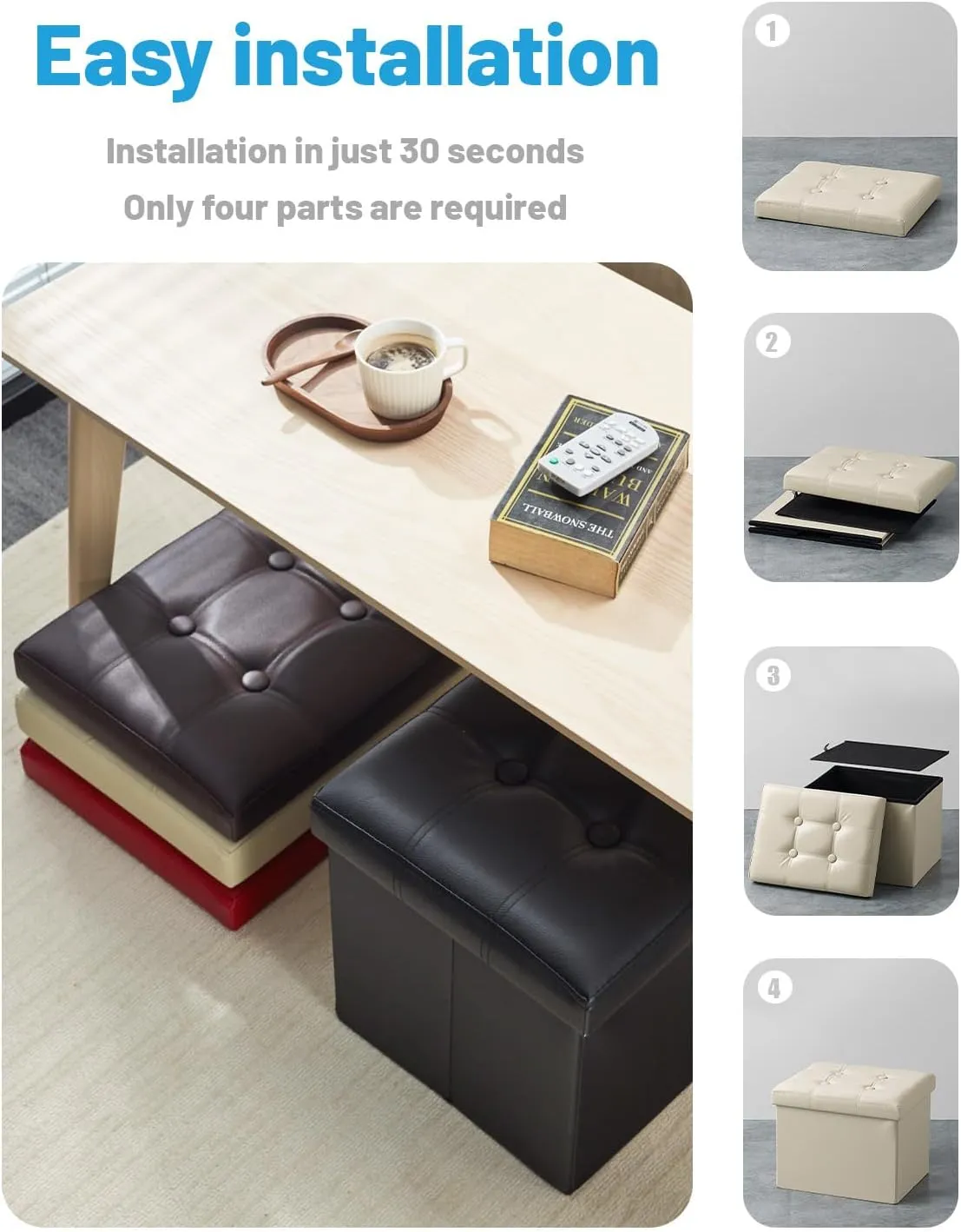 AmasSmile Storage Ottoman Folding Foot Rest Stool with Side Pocket, 16 inches Leather Footstool Bench, Short Ottoman Bench, Storage Foot Rest Store, Books, Beige