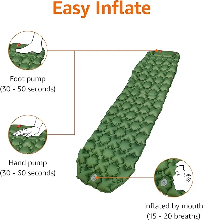 Amazon Basics Sleeping Pad for Camping and Backpacking, Built-In Foot Pump, Olive Green
