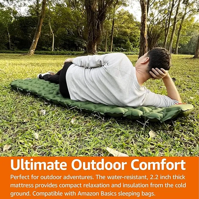 Amazon Basics Sleeping Pad for Camping and Backpacking, Built-In Foot Pump, Olive Green