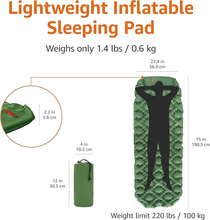 Amazon Basics Sleeping Pad for Camping and Backpacking, Built-In Foot Pump, Olive Green