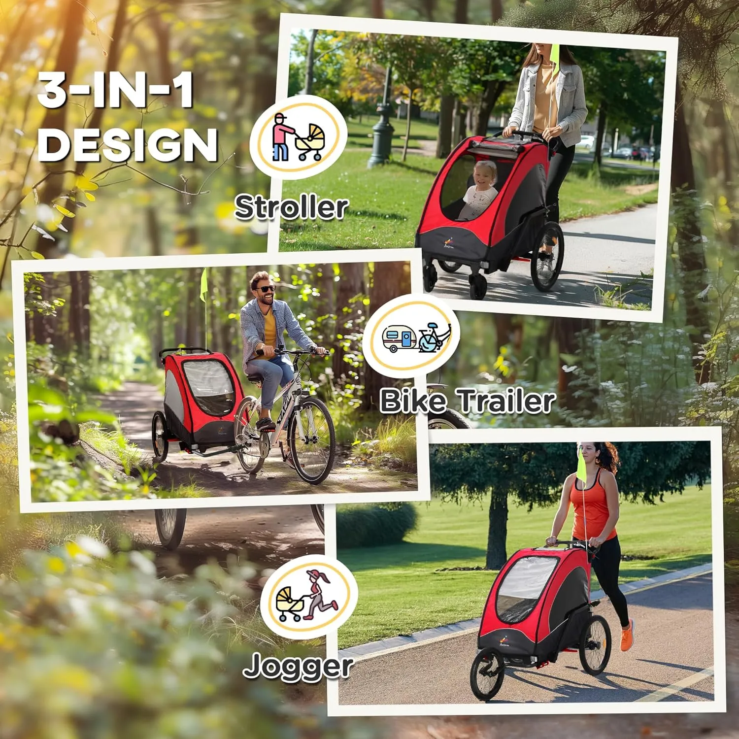 Aosom Bike Trailer for Kids 3 In1 Foldable Child Jogger Stroller Baby Stroller Transport Carrier with Shock Absorber System Rubber Tires Adjustable Handlebar Kid Bicycle Trailer