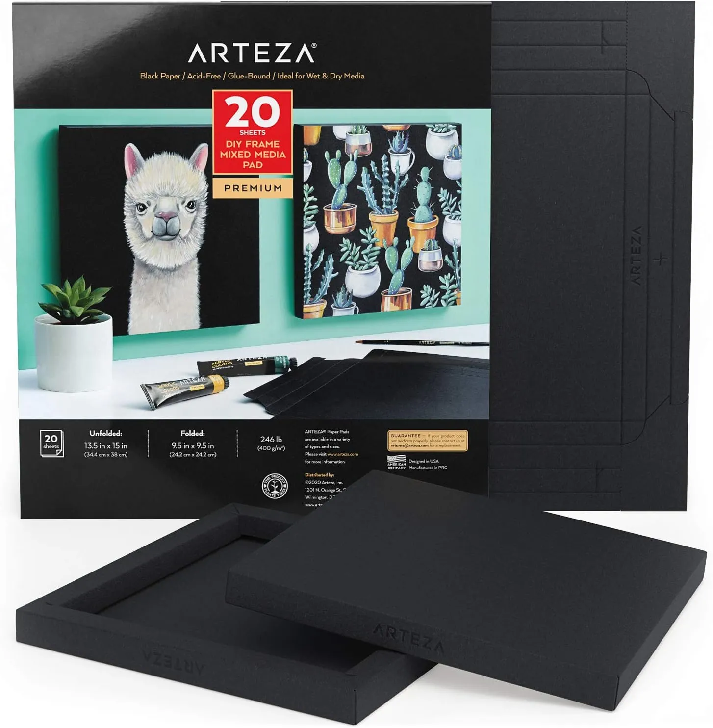 ARTEZA Mixed Media Paper Foldable Canvas Pad, 9.5x9.5 Inches, 20 Sheets, Black Paper