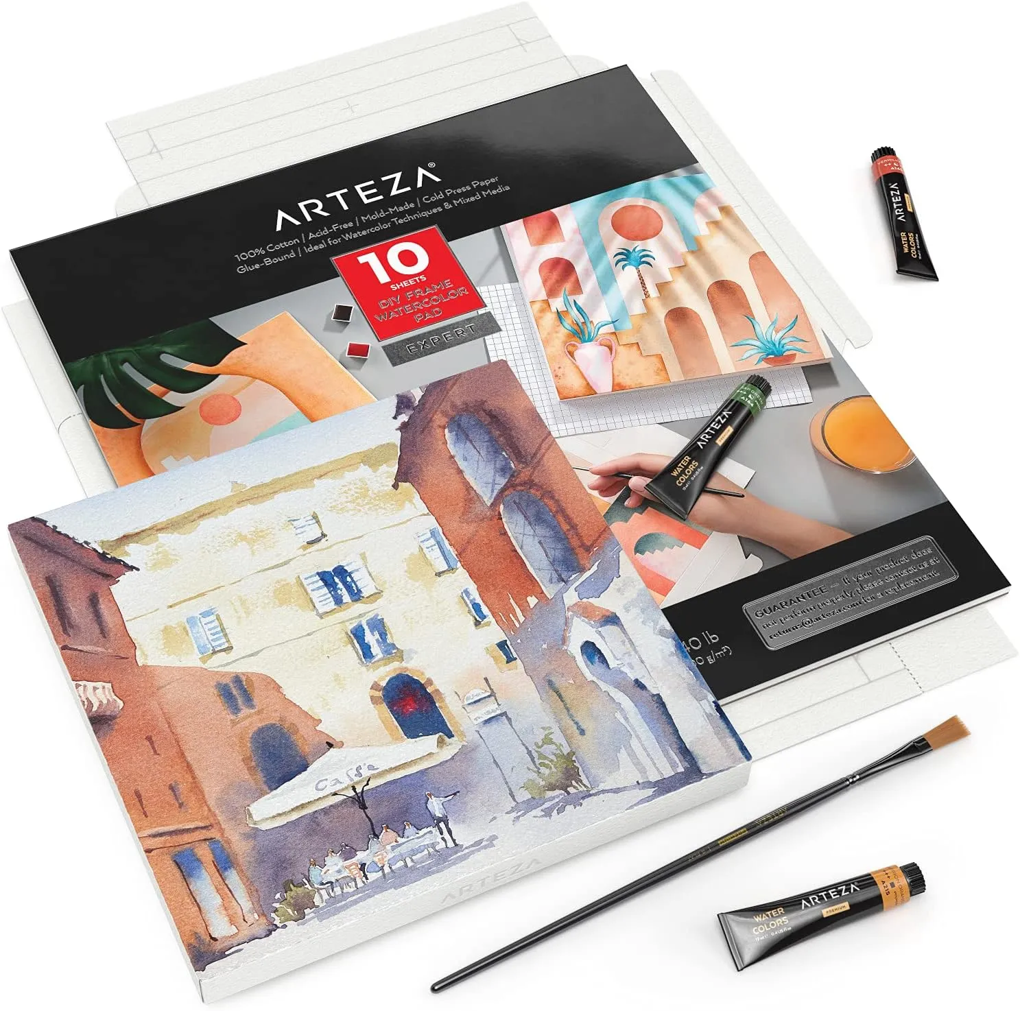 ARTEZA Watercolor Paper Foldable Canvas Pad, 9.53x9.53 Inches, 10 Sheets, Cotton Paper