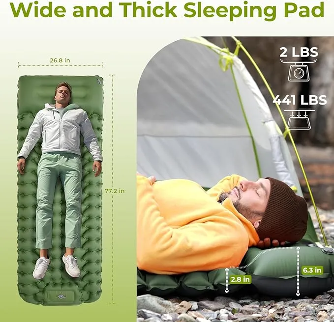 ATEPA Sleeping Pad for Camping Backpacking, Ultralight Inflatable Camping Air Mattress with Built-in Foot Pump & Pillow, 77"X27"Waterproof & Compact Sleeping Mat Olive Green