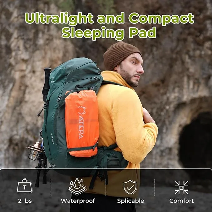 ATEPA Sleeping Pad for Camping Backpacking, Ultralight Inflatable Camping Air Mattress with Built-in Foot Pump & Pillow, 77"X27"Waterproof & Compact Sleeping Mat Olive Green
