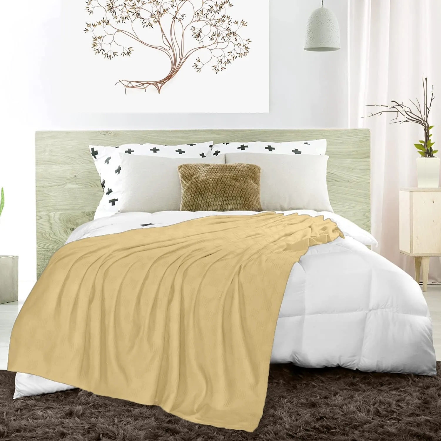 Avalon Bedding 100% Cotton King Size Thermal Blanket (108"x90") - Perfect Layering Blanket for Any Season - Beige